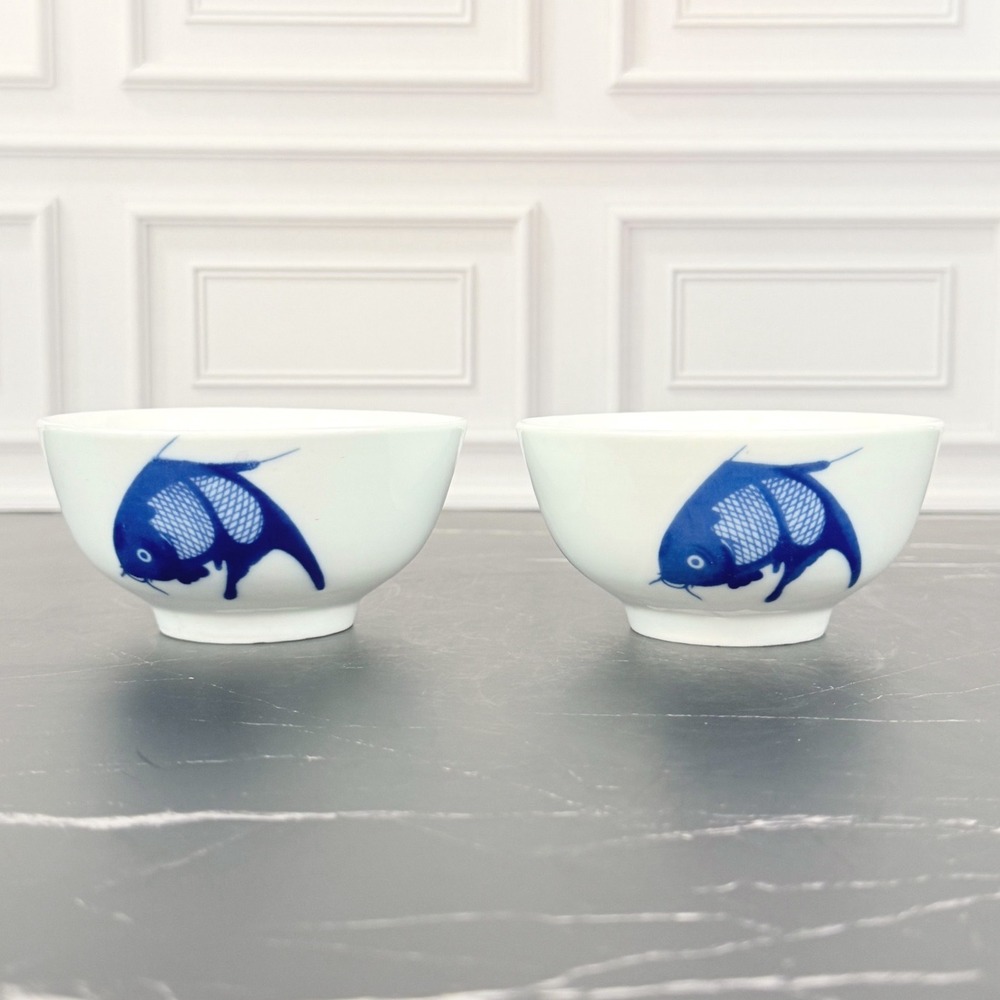 PAIR (2) Misty Rose Super White China Lucky Carp 4.5" Soup Broth Bowls